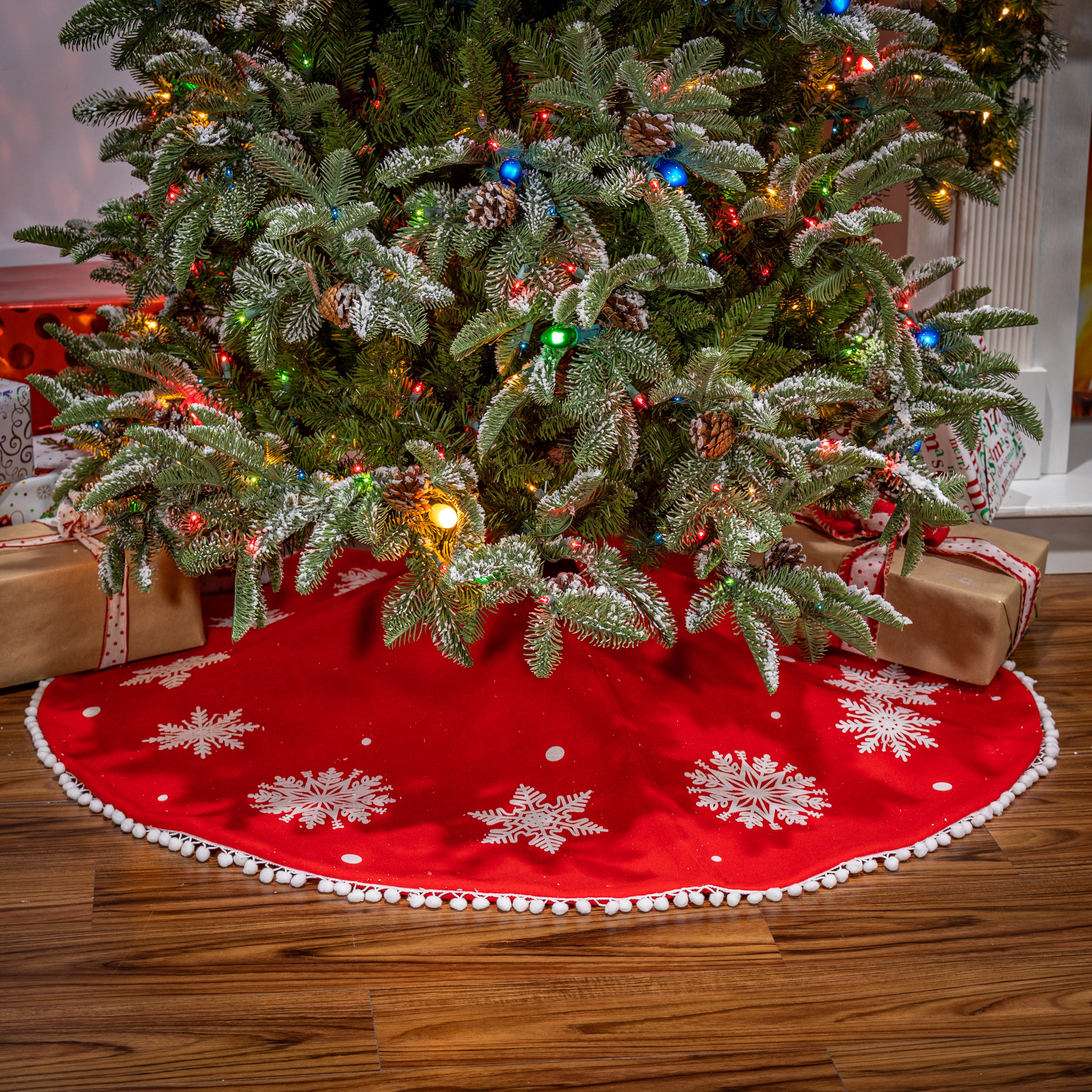 Red and White Snowflake Christmas Pompoms Tree Skirt, Velvet